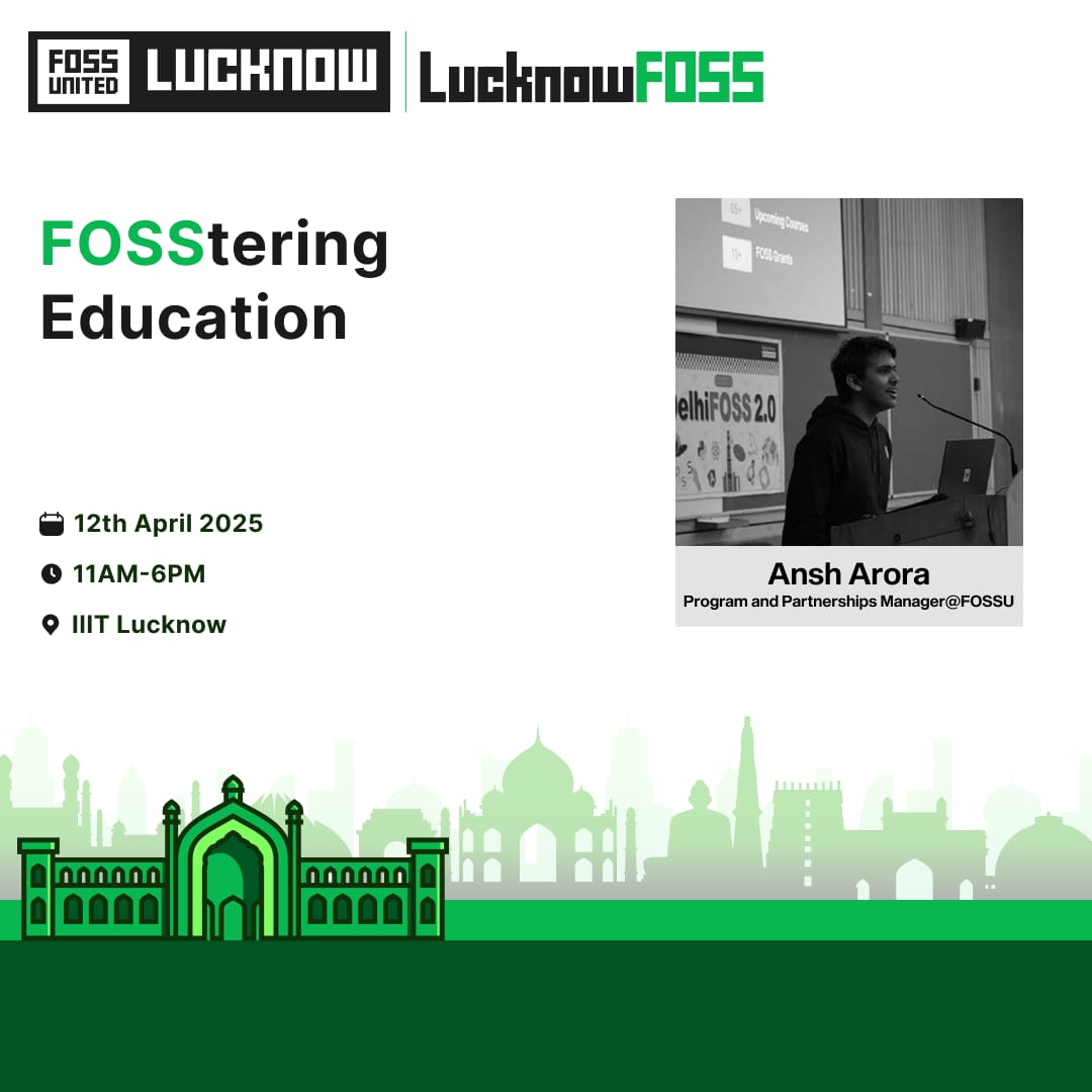 FOSSUnitedLKO's tweet image. 💡 Open source + Education = Impact! Join Ansh Arora (FOSS United) at LucknowFOSS to see how FOSS is transforming learning. Be part of the change!
📍 IIIT Lucknow | 🗓 12th April 2025 | ⏰ 11 AM - 6 PM
#LucknowFOSS #FOSSterEducation #OpenSource