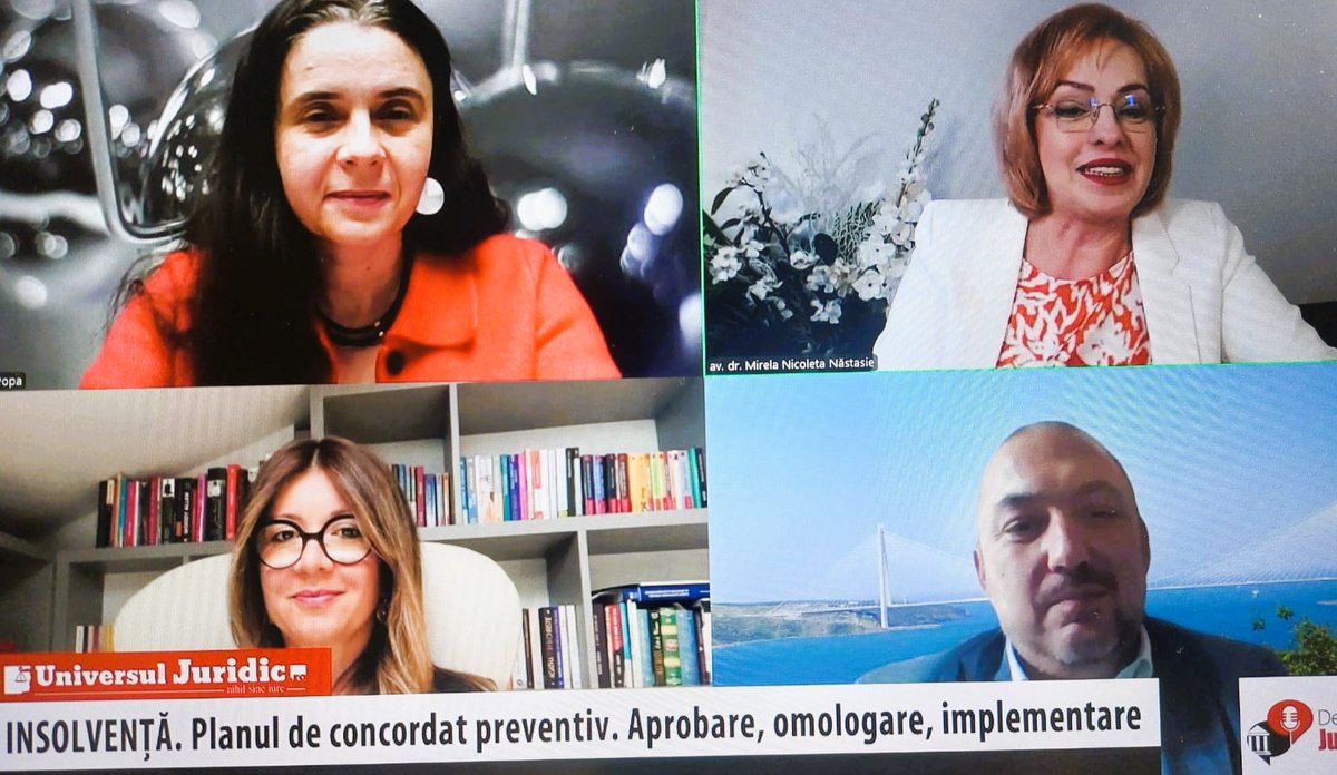 Moderator la Seminarul Dezbateri Jurisprudențiale – Insolvență - Planul de concordat preventiv – 2 aprilie 2025
Mulțumesc invitaților jud. dr. Flavius Moțu, Tribunalul Specializat Cluj, av. Alina Popa, CITR, av. Geanina Oancea-Olteanu, BDO, pentru contribuțiile valoroase.