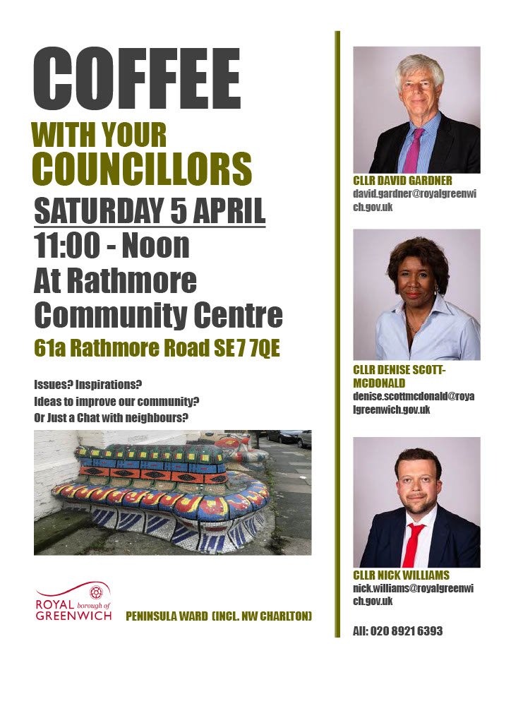 David Gardner ๐ช๐บ๐ฌ๐ง๐๐บ๐ฆ (@david_llew) on Twitter photo Live in <a href="/Royal_Greenwich/">Royal Borough of Greenwich</a> Peninsula ward? Come along to "Coffee with your councillors" this Sat 5 April at Rathmore Community Centre, 61a Rathmore Rd. SE7 7QE from 11am-Noon to raise issues, ideas or just a chat. Be great to see you. By M&S Charlton <a href="/Will_nicholas/">Nick Williams</a> <a href="/dscottmcdonald/">Denise Scott-McDonald</a> Live in <a href="/Royal_Greenwich/">Royal Borough of Greenwich</a> Peninsula ward? Come along to "Coffee with your councillors" this Sat 5 April at Rathmore Community Centre, 61a Rathmore Rd. SE7 7QE from 11am-Noon to raise issues, ideas or just a chat. Be great to see you. By M&S Charlton <a href="/Will_nicholas/">Nick Williams</a> <a href="/dscottmcdonald/">Denise Scott-McDonald</a>