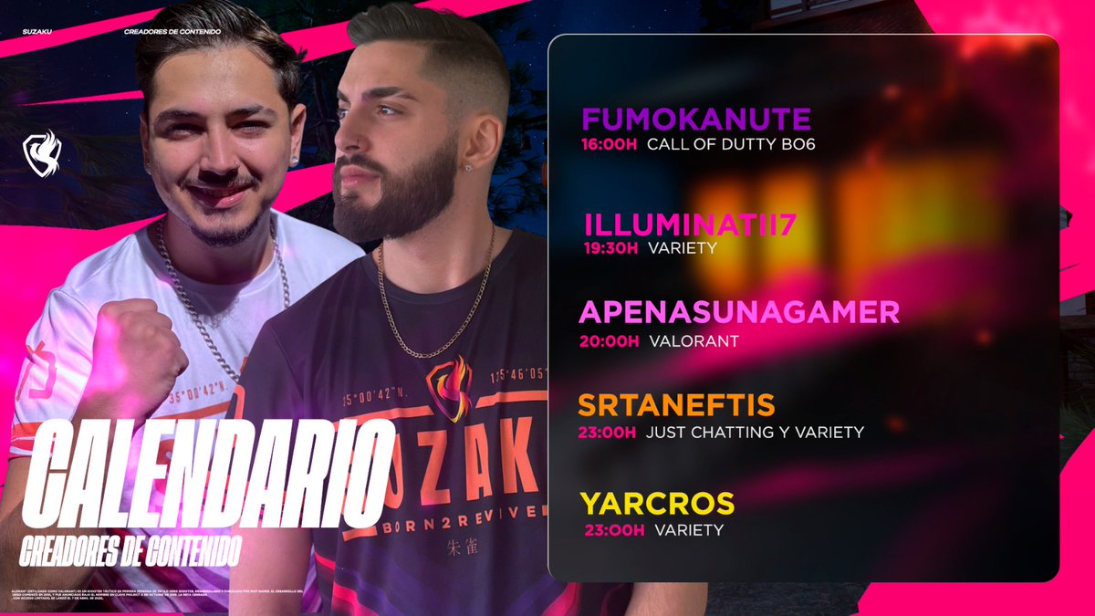 ¡Buenos días! 🫡
Os dejamos por aquí el calendario con los horarios de nuestros CCs hoy.

No os perdáis los streams, que estos dan diversión de la buena. 🐦‍🔥😏

Sus twitters: <a href="/illuminatii_7/">SZK illuminatii7</a> @ApenasunaGamer  <a href="/srtaNeftis/">NEFTIS🌷</a> <a href="/yarcros/">Yarcros</a> <a href="/fumokanutee/">SZK FUMOKANUTE</a> 

¡No olvidéis dejarles un follow! 👋