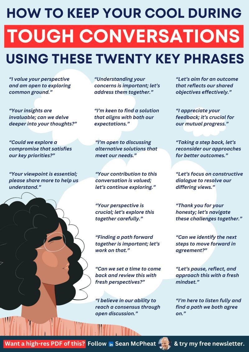 Tough conversations are uncomfortable. 

But saying nothing solves nothing ⬇️

Handling difficult conversations isn’t just 
about getting your point across - it’s about 
creating mutual understanding, even when 
opinions clash.

Here are 20 key phrases to help you stay 
composed