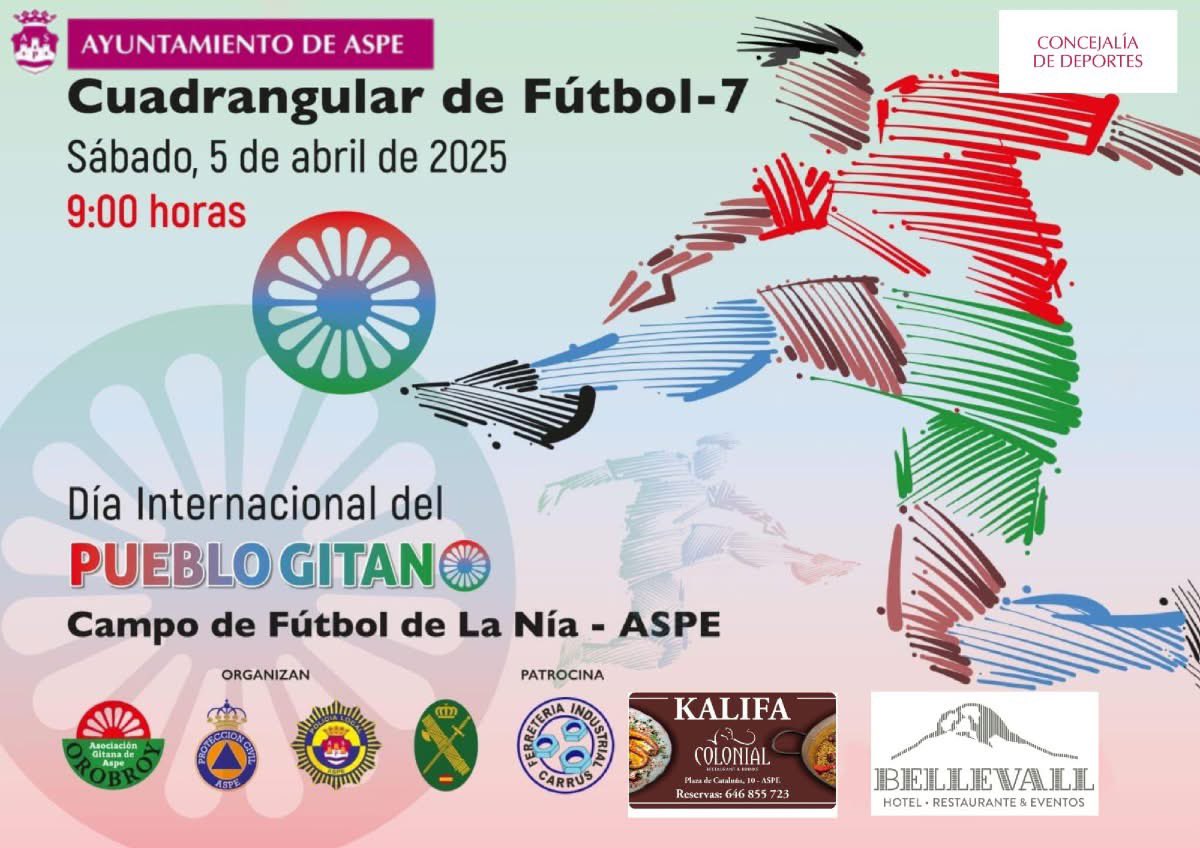 ⚽🚔 Celebramos el Día Internacional del Pueblo Gitano 🚓⚽

📆sábado 5 de abril a las 09:00 horas, en el campo de fútbol La Nía, nos unimos en una jornada especial de convivencia y deporte para celebrar el Día Internacional del Pueblo Gitano. 🎉🎶