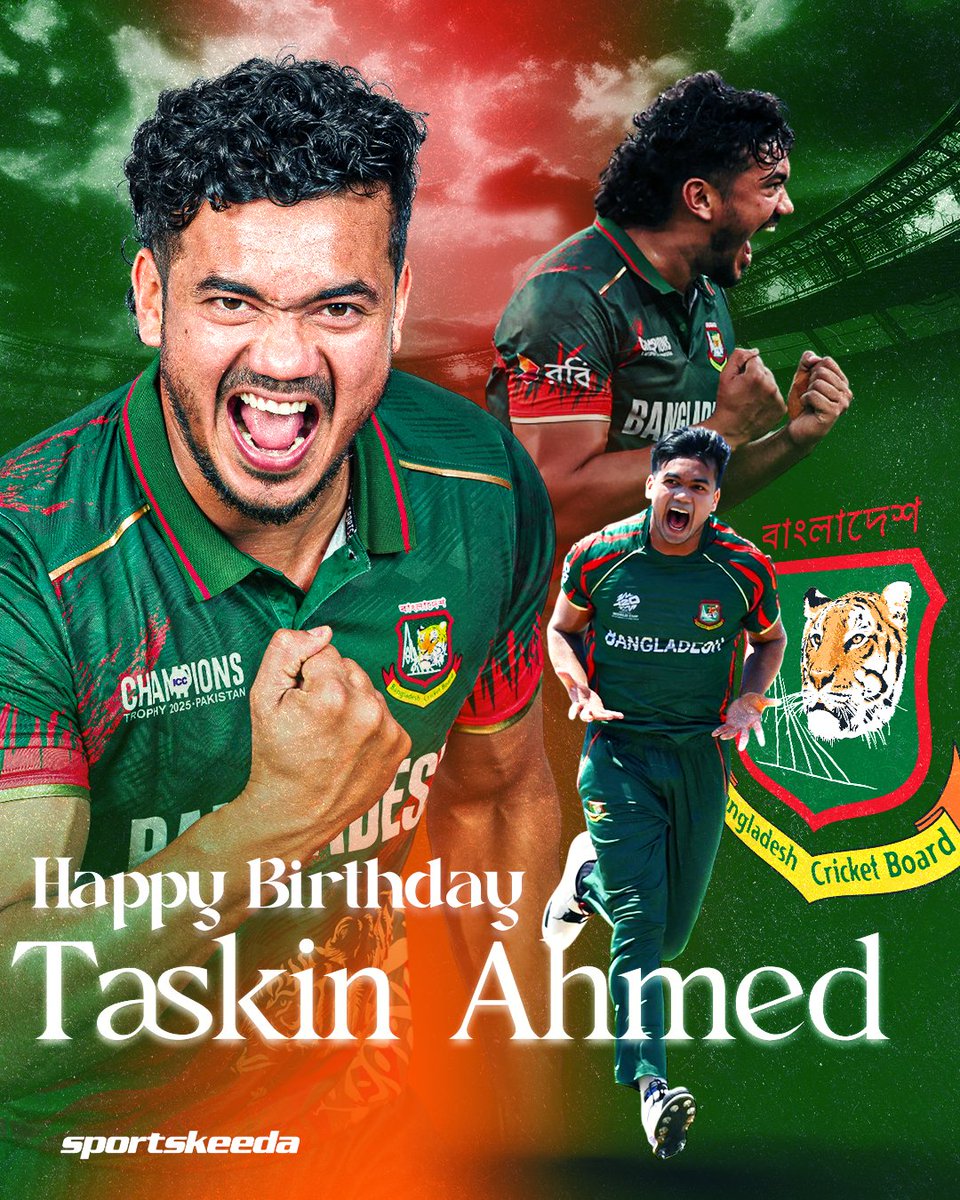 Sportskeeda's tweet image. 👕 169 international matches
🔥 242 international wickets
✨ 3 five-wicket hauls

Wishing a very happy 30th birthday to Bangladesh's speedster, Taskin Ahmed! 🎂🇧🇩

#TaskinAhmed #HappyBirthday #Bangladesh #Sportskeeda