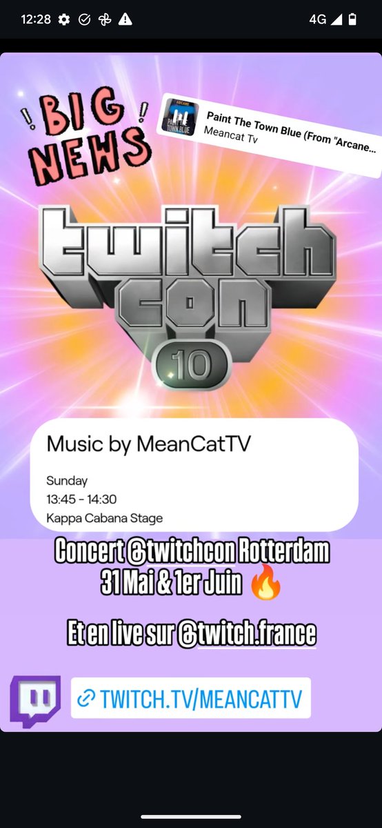 meancattv's tweet image. Big News!!
On sera de retour en concert à la @TwitchCon Rotterdam le 1er Juin sur la scène du #kappacabana
Et en direct sur @TwitchFR 🔥