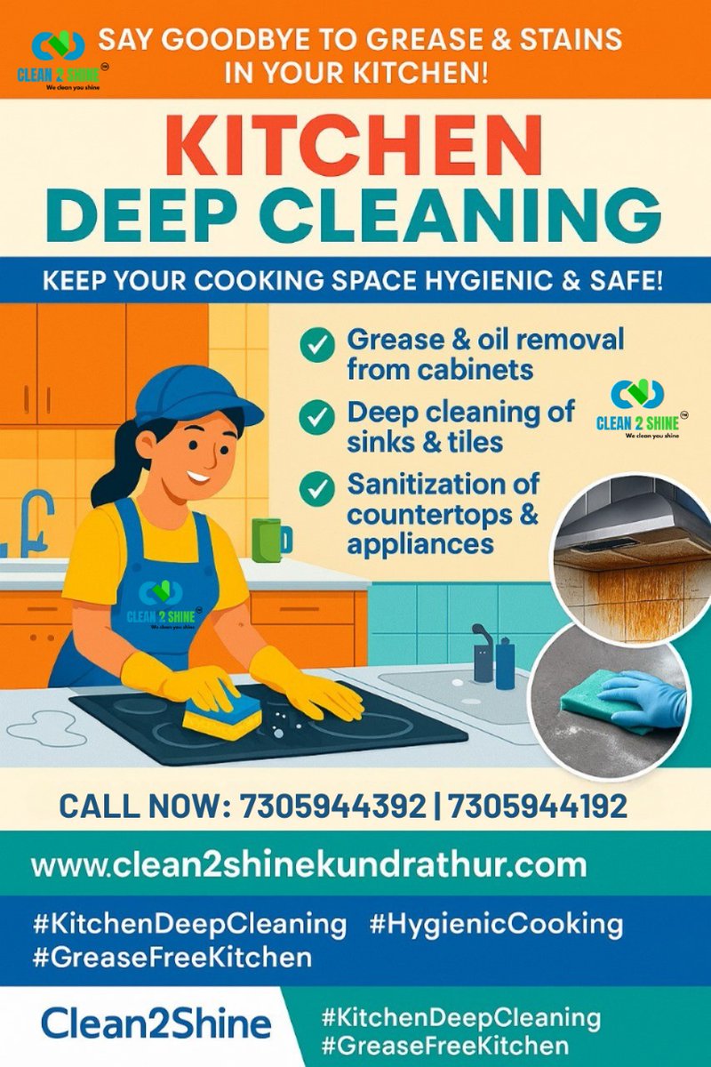Clean2shinepro's tweet photo. 📅 Book Your Kitchen Cleaning Service Today!
📞 Call Now: 7305944192 | 7305944392
🌐 Visit Us: https://t.co/C6ojjG3Cel
#KitchenDeepCleaning #HomeCleaningChennai #GreaseFreeKitchen #ProfessionalCleaners #ChennaiCleaningService #HygienicCooking #TileCleaning https://t.co/sZ8c06vVmh