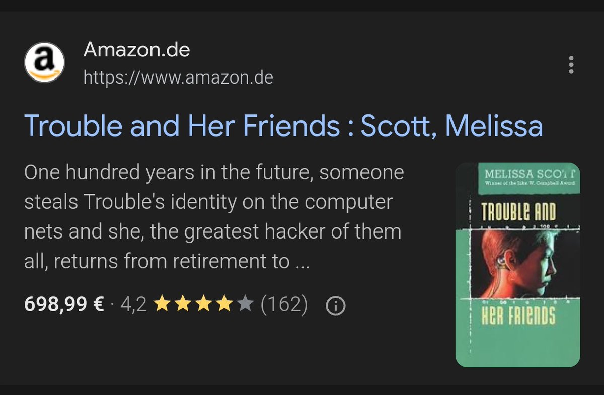 strugglekitty's tweet photo. @Whiskey_n_Wings Heyyy :) sorry for the late reply I didn't get a notification. It's "trouble and her friends" by Melissa Scott. I'm not sure if it's on Amazon 🥲 on German Amazon it's available for like 700 euros lmao https://t.co/kcBhYdgVqg