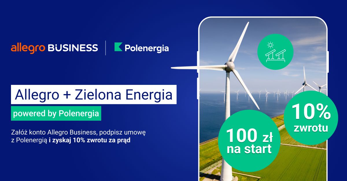 Allegro Business łączy siły z <a href="/GrupaPolenergia/">Polenergia</a>, by pomóc przedsiębiorcom w transformacji energetycznej. W ramach programu „Allegro + Zielona Energia” firmy mogą korzystać z energii odnawialnej i jednocześnie otrzymywać zwrot części zapłaconych faktur w postaci karty podarunkowej.