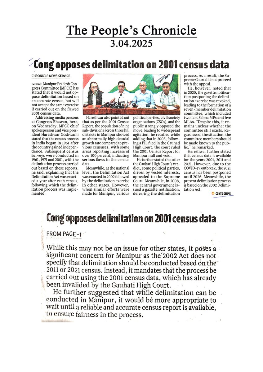 HareshGoshwami's tweet photo. Press conference on 'Census 2001 and Delimitation 2002' was held on 02-04-2025 at Congress Bhavan, Imphal.
@kharge 
@RahulGandhi 
@kcvenugopalmp 
@Jairam_Ramesh 
@saptagiriulaka 
@meghachandra_k https://t.co/Rvso4oms4o