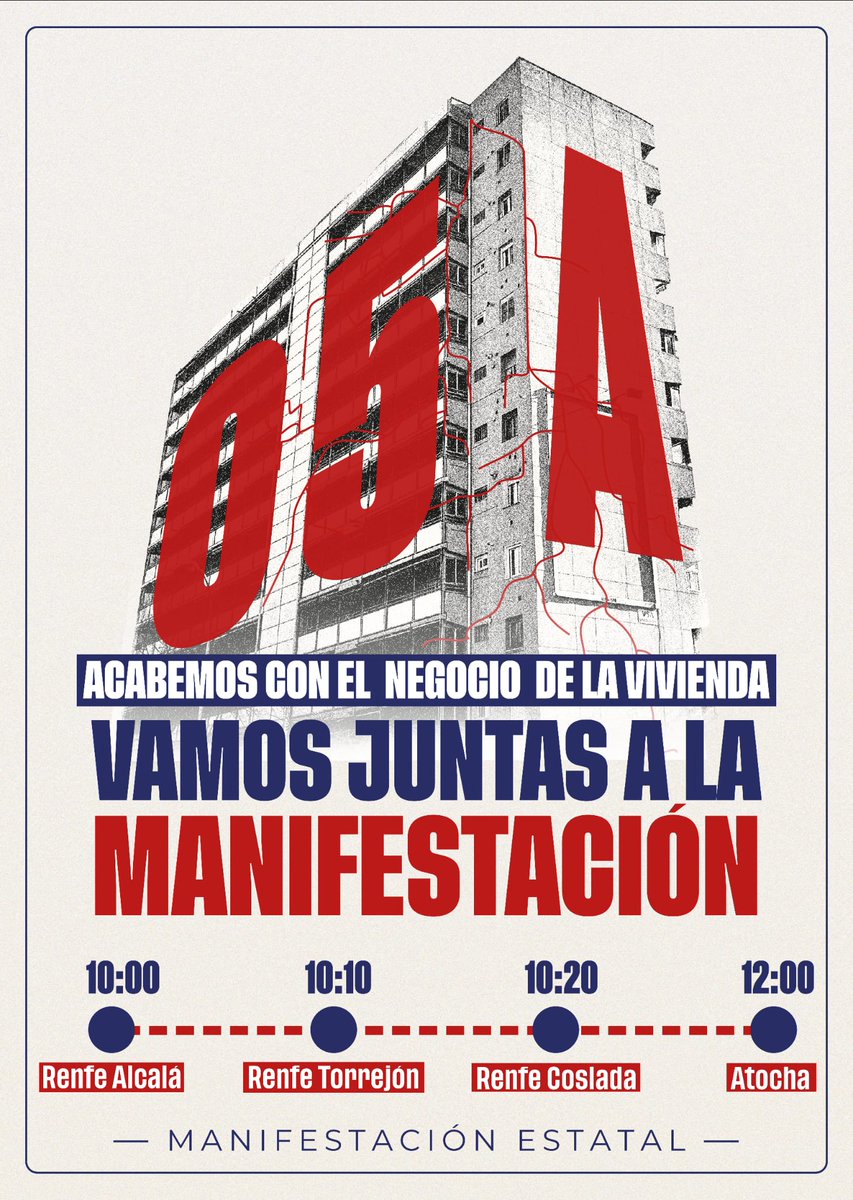 🟠 El próximo sábado 5 de abril hay que llenar las calles. La vivienda es un derecho y no un negocio. 

Si vives en el corredor del Henares únete a la columna vecinal para ir juntas a Atocha. 

#Hartos7B #SolucionesYA #MareaNaranja