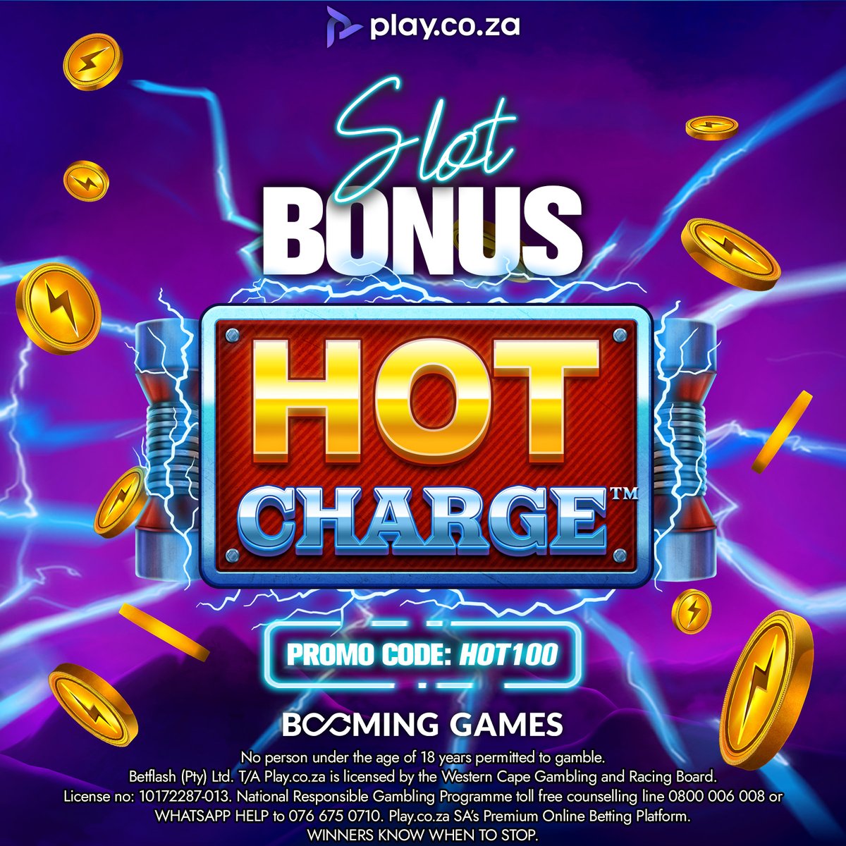 play_coza's tweet photo. ⚡Charge up your gameplay with a R100 SLOT BONUS on Hot Charge!
Use promo code HOT100 at https://t.co/dtSgQ4Nn9v 🔥🎰
18+ T&Cs apply. Play responsibly.
#Playcoza #OnlineCasino #Slots #BetonSlots #SlotsPromo #HotCharge #BoomingGames https://t.co/GxZ1H8wghW