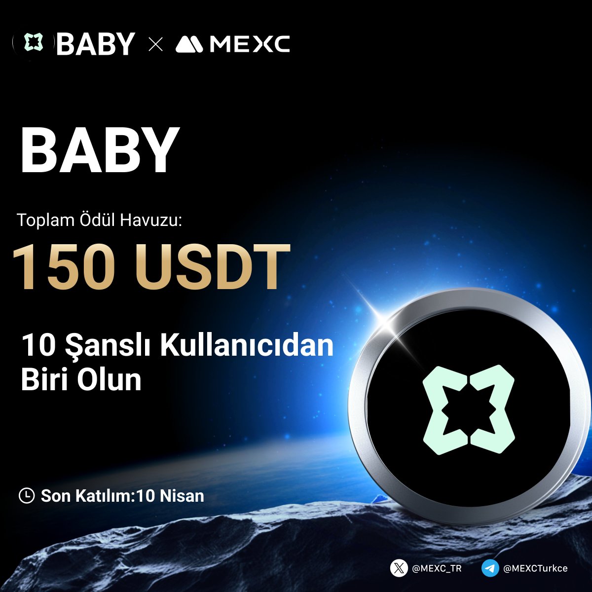 🎉  $BABY'nin #MEXC'de Listelenmesini Kutluyoruz!

🤩 150.000 $USDT Ödül Havuzuna Ek Olarak Tam 150 $USDT den Payınızı Kazanmak İçin Yapmanız Gerekenler;

🔹Takip Edin:<a href="/MEXC_TR/">MEXC TR</a>
🔹Formu Doldurun;mexctr.info/42o4zto
🔹Bu gönderiyi beğenin ve RT yapın 

⏰Son Katılım Tarihi: 10