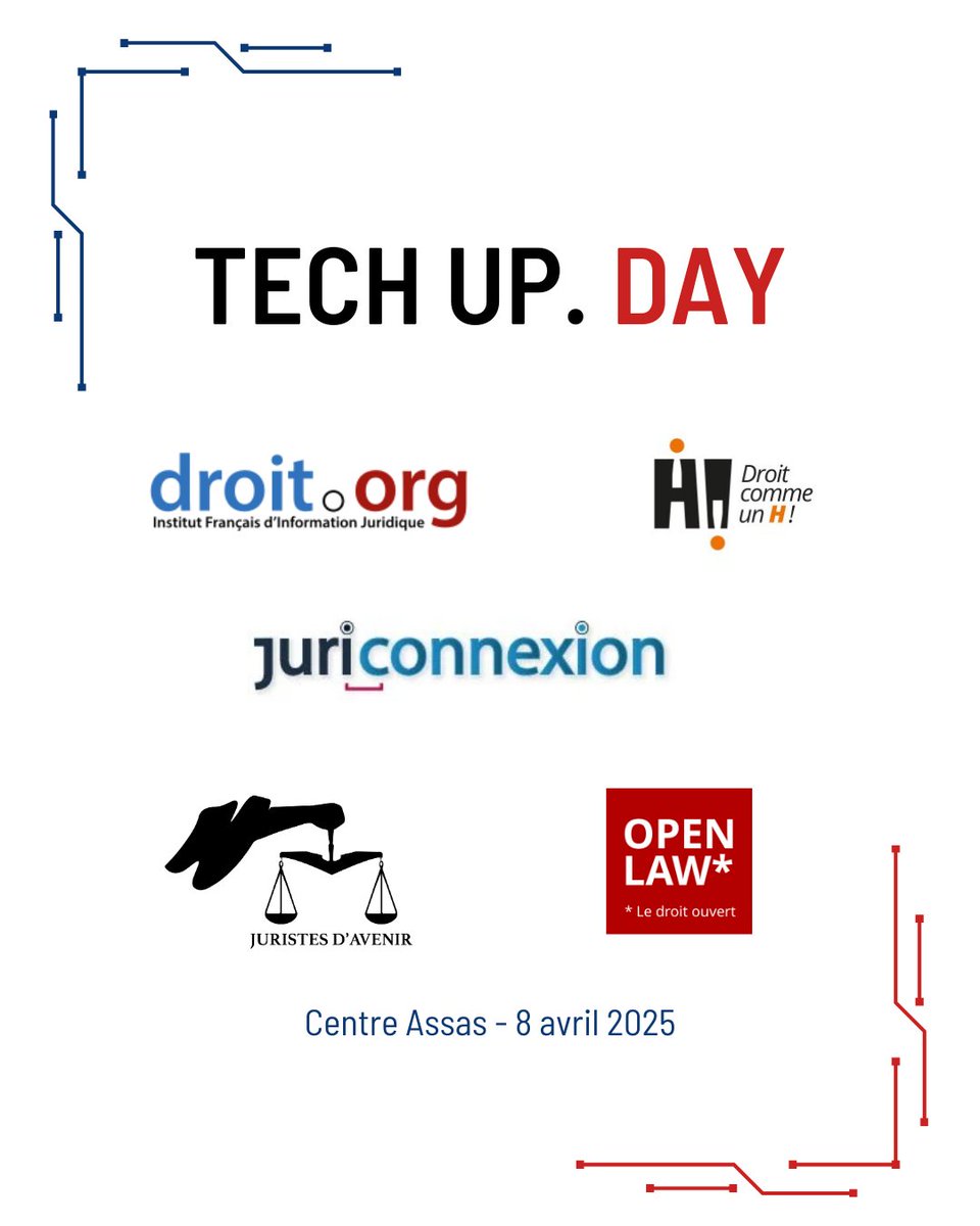 techupday's tweet image. 📢 Rencontrez les associations partenaires du Tech Up Day  : Droit.org, @juriconnexion, @OpenLaw_fr, @droit_h, Juriste d'Avenir !

📅 8 avril 2025
🕐 9h00 - 20h00
📍@AssasUniversite - 92 rue d’Assas, 75006 Paris

Inscription gratuite et obligatoire : lien en bio.