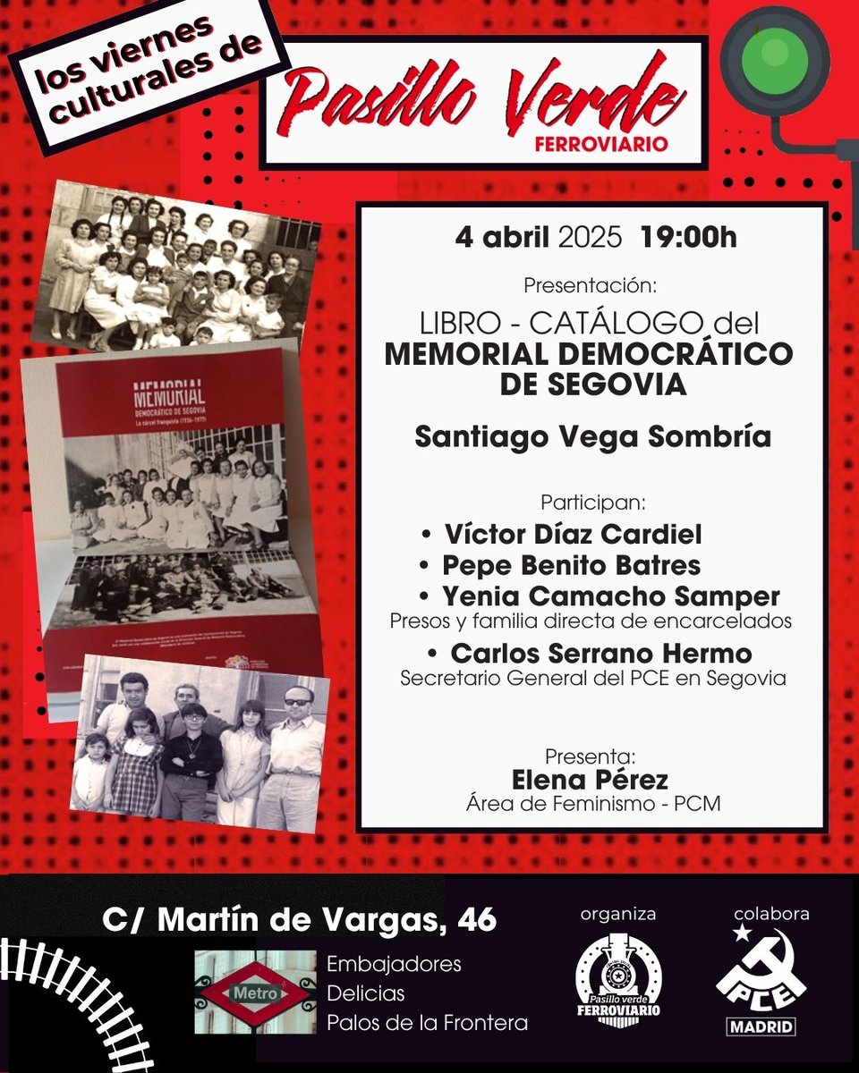 Mañana nuestros Camaradas Santiago Vega y <a href="/YeniaCamacho/">Yenia Camacho</a>  participan en los viernes culturales del <a href="/CSPasilloVerde/">CS Pasillo Verde</a> para hablar sobre el trabajo en #MemoriaDemocratica realizado en la antigua cárcel de Segovia