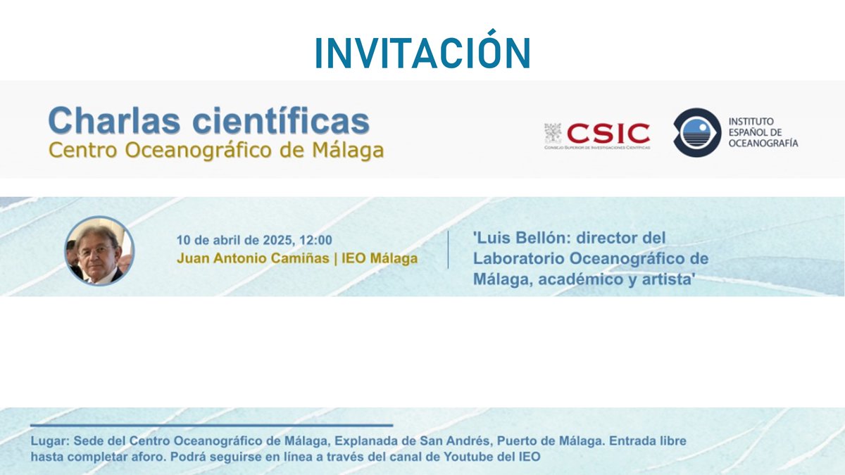 Grupo Mediterráneo de Cambio Climático del IEO (@gcc_ieo) on Twitter photo Nueva conferencia en el Centro Oceanográfico de Málaga: La semana que viene tenemos una interesantísima charla a cargo de Juan Antonio Camiñas, antiguo director del <a href="/IEO_Malaga/">IEO Málaga 🌊⛴️🐟🌡️🔬</a> Será en la biblioteca de nuestro centro (1ª planta). También en el canal de Youtube de <a href="/IEOoceanografia/">Instituto Español de Oceanografía</a> Nueva conferencia en el Centro Oceanográfico de Málaga: La semana que viene tenemos una interesantísima charla a cargo de Juan Antonio Camiñas, antiguo director del <a href="/IEO_Malaga/">IEO Málaga 🌊⛴️🐟🌡️🔬</a> Será en la biblioteca de nuestro centro (1ª planta). También en el canal de Youtube de <a href="/IEOoceanografia/">Instituto Español de Oceanografía</a>