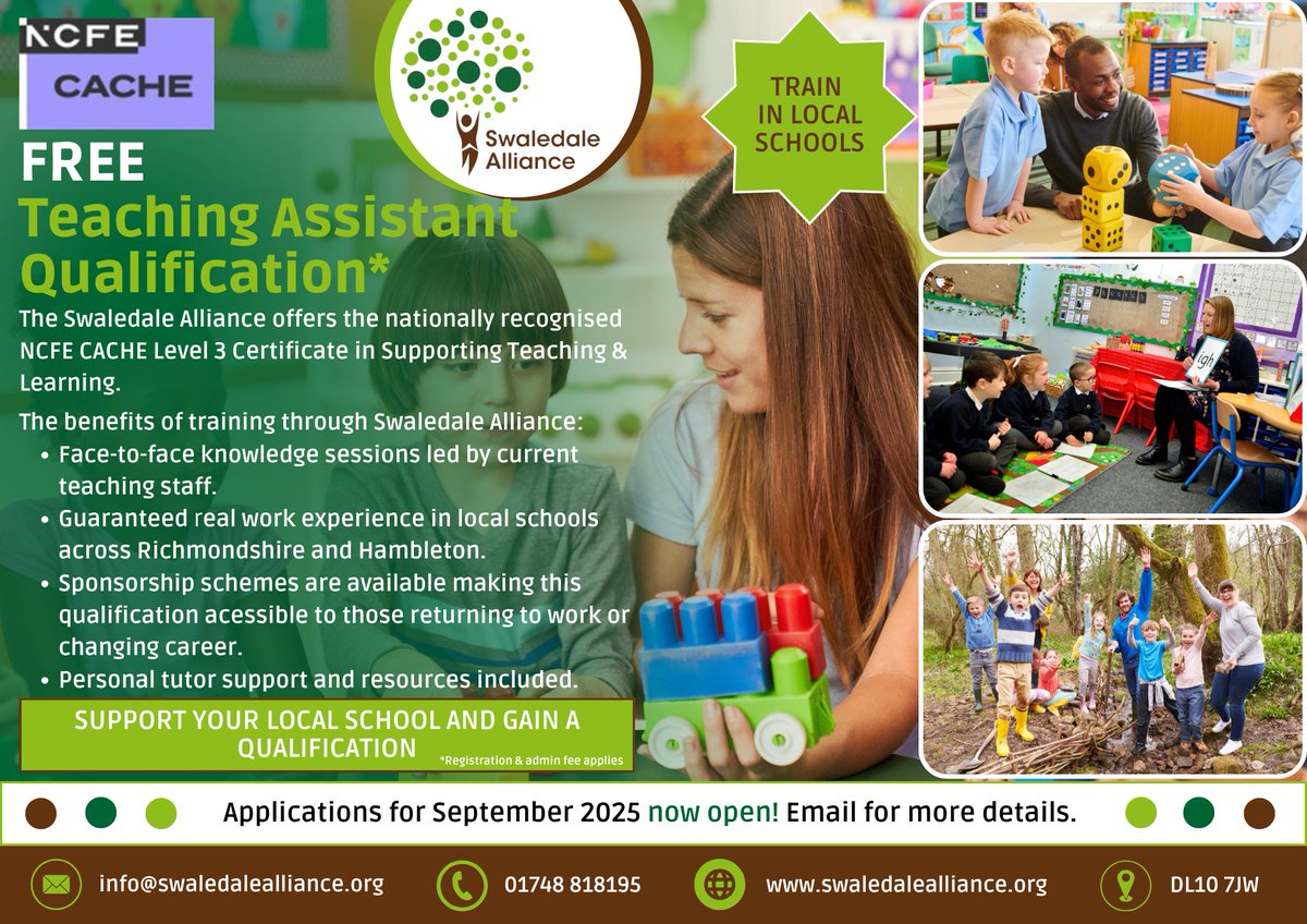 Are you 18 or over and interested in a career as a Teaching Assistant?

For further details email: info@swaledalealliance.org