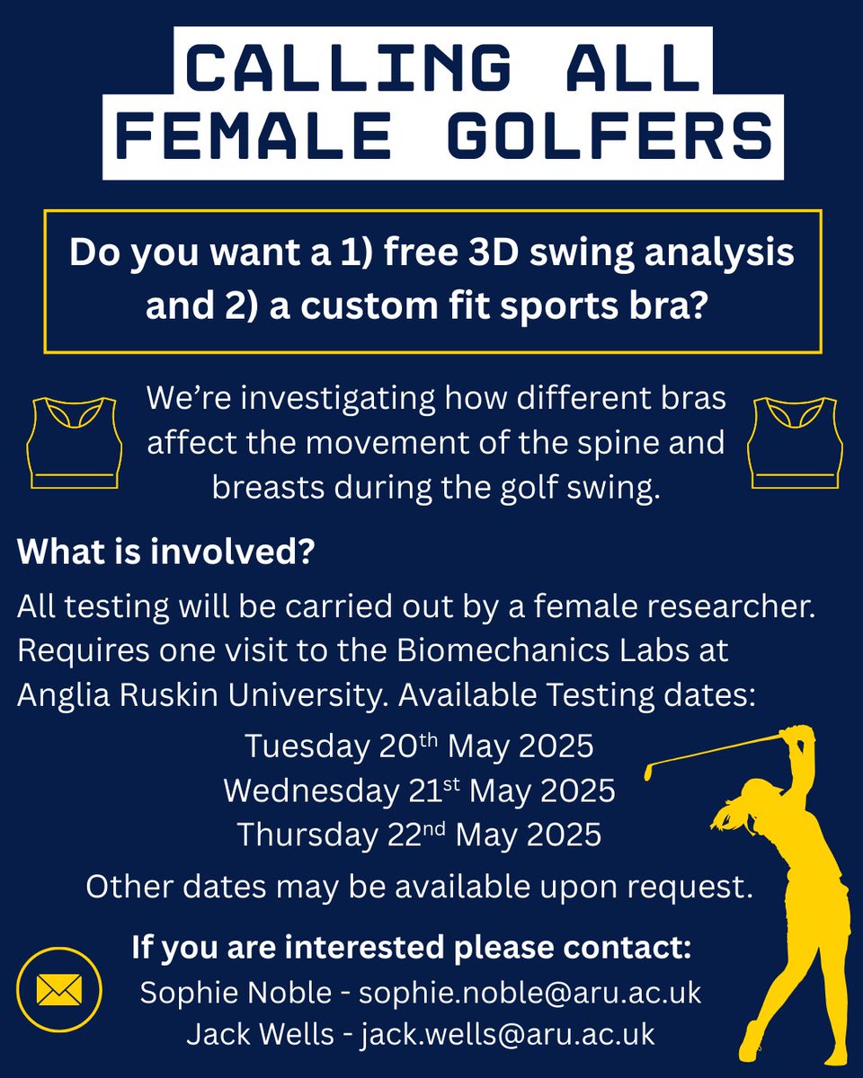 🏌️‍♀️Fantastic opportunity here for female golfers to receive 1) a free 3D swing analysis and 2) a free custom fit sports bra. If you’re interested please do drop us a message. RTs appreciated 👍.

#golf #biomechanics #golfswing #research #education