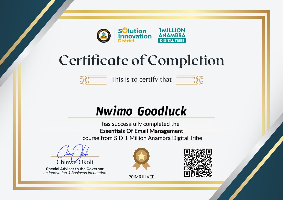 Chioma842077's tweet image. Just completed my Essentials of Email Management course under the Anambra One Million Digital Tribe! 🚀

Excited to apply these skills for better organization and professional communication.

#EmailManagement #DigitalSkills #AnambraTech #GrowthMindset
#Anambratechies
#sid