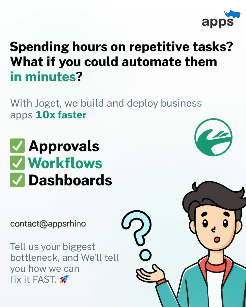 AppsRhino's tweet image. Still drowning in manual work? 😓 

Let’s speed things up! 

With Joget, we create business apps in no time—no coding struggles, just smooth automation. 

What’s slowing you down? 

Let’s solve it! 🚀

#joget #jogetdevelopment #nocode #customapps