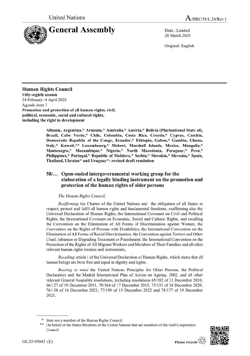 📣 #HRC58 just adopted a landmark resolution on human rights of older persons! 👵

Led by 🇸🇮 🇦🇷 🇧🇷 🇵🇭 🇬🇲 the resolution establishes IGWG to draft a legally binding instrument  - paving way for systemic, comprehensive &amp; sustainable protection of older persons’ rights at 🌎 level.