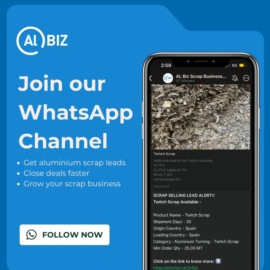 AL Biz (@alcircleb) on Twitter photo Looking to buy or sell aluminium scrap?
Follow the AL Biz Scrap Leads Channel for leads without any hassle: whatsapp.com/channel/0029Vb…
Connect for more details:
📞 Call us: +91 81001 08283
📧 Email us: info@alcirclebiz.com Looking to buy or sell aluminium scrap?
Follow the AL Biz Scrap Leads Channel for leads without any hassle: whatsapp.com/channel/0029Vb…
Connect for more details:
📞 Call us: +91 81001 08283
📧 Email us: info@alcirclebiz.com