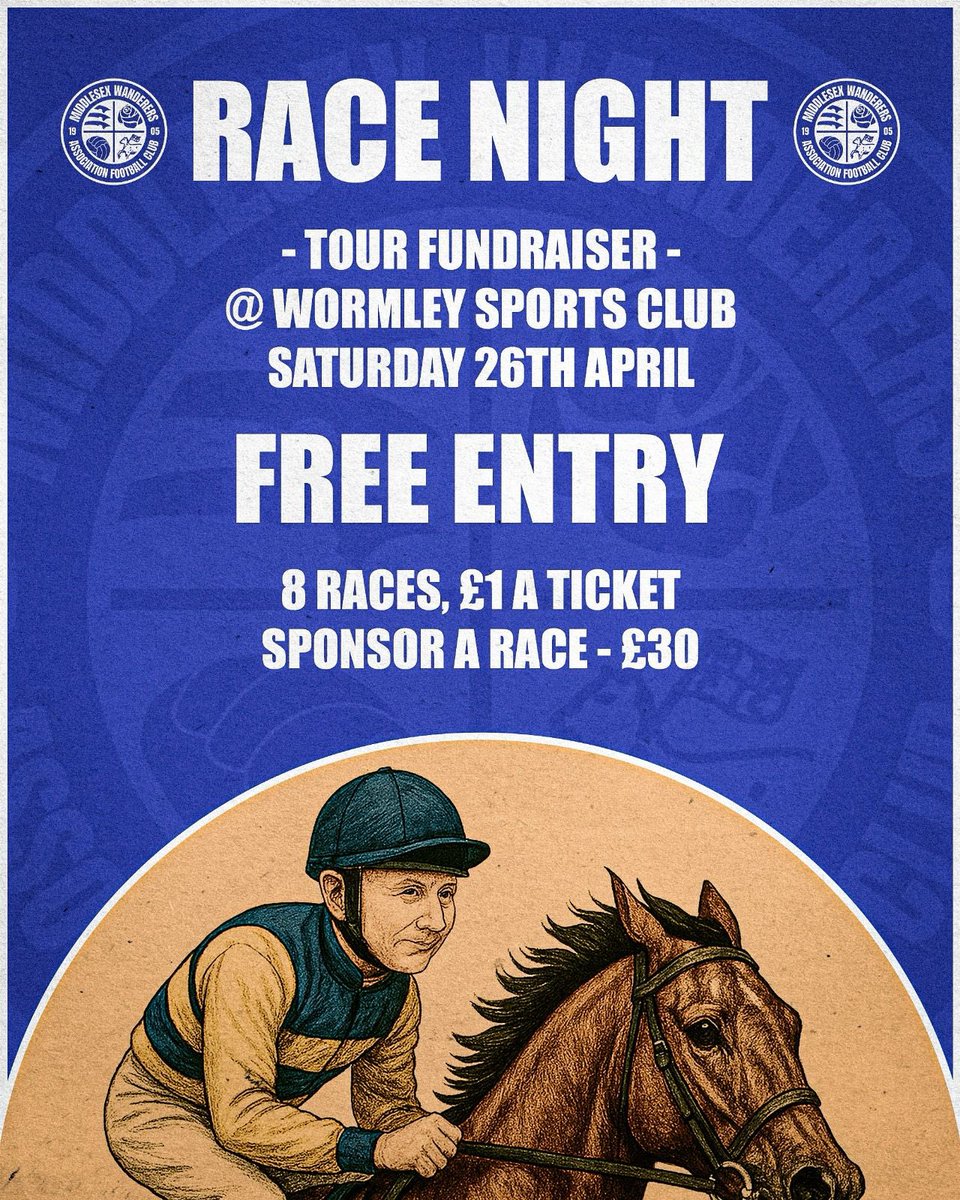 🐎 A NIGHT AT THE RACES! 🐎

Join us at Wormley Sports Club on Saturday, 26th April for a thrilling Race Night!

💳 Cash &amp; Card Tote
🏆 Raffle
🍻 Bar Open

📍 Doors open: 18:30 | First race: 19:30

🎟️ FREE ENTRY!

Don’t miss out!