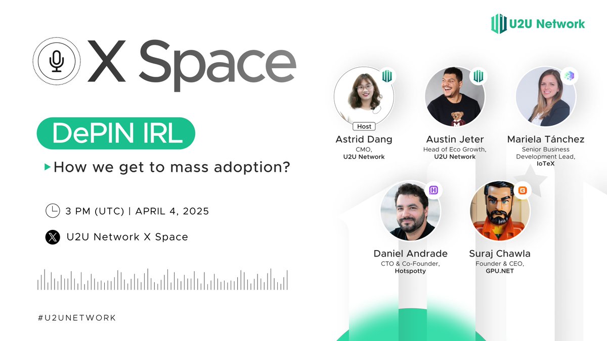 DePIN + Mass Adoption = Future

From vision to reality – Discover how DePIN is no longer just a concept, but a part of our everyday lives.

Step into tomorrow, alongside the leaders from <a href="/u2u_xyz/">U2U Network</a>, <a href="/iotex_io/">IoTeX</a>, <a href="/hotspotty/">DePIN Hub / Hotspotty</a>, and <a href="/gpunet/">GPU.NET</a>, who are building it today.

DePIN IRL: How we