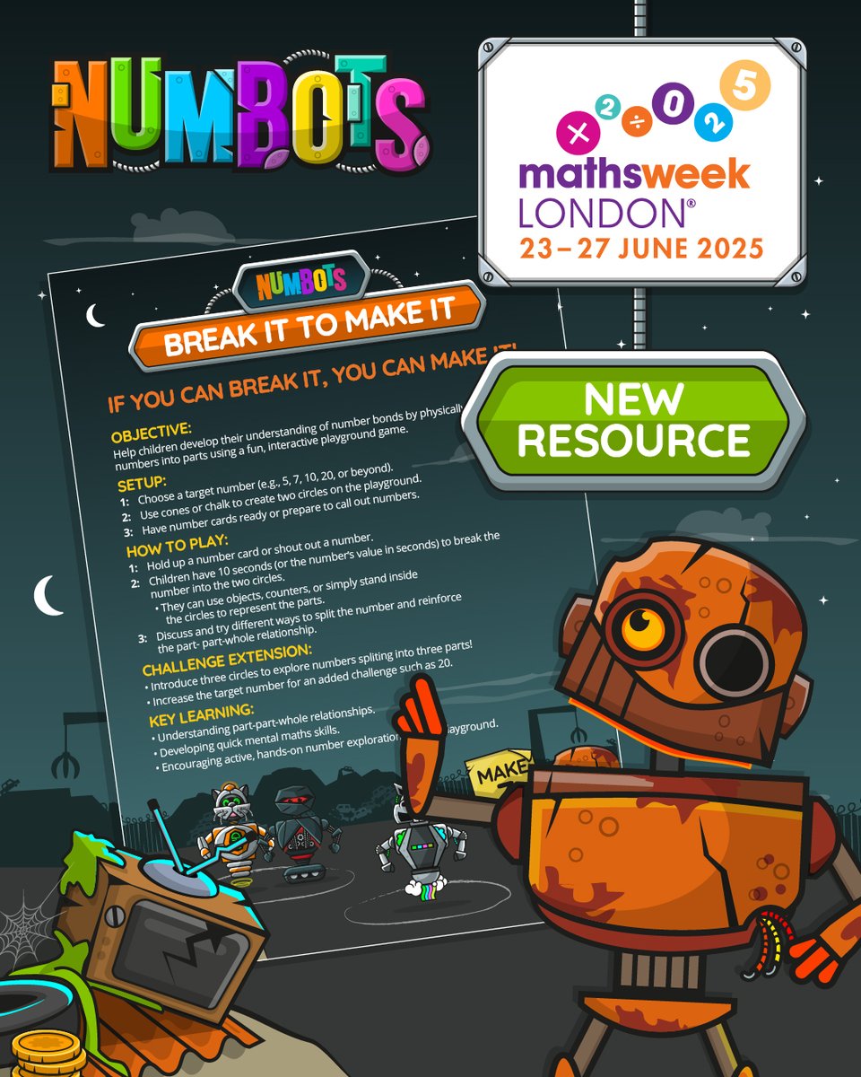 numbots's tweet image. 📢 Exciting Announcement! 📢
We are delighted to be supporting Maths Week London, taking place June 23-27, 2025! 🎉

To celebrate, we’re bringing you something special… NumBots: Break It to Make It – a FREE exclusive number bond resource designed to help children master number…