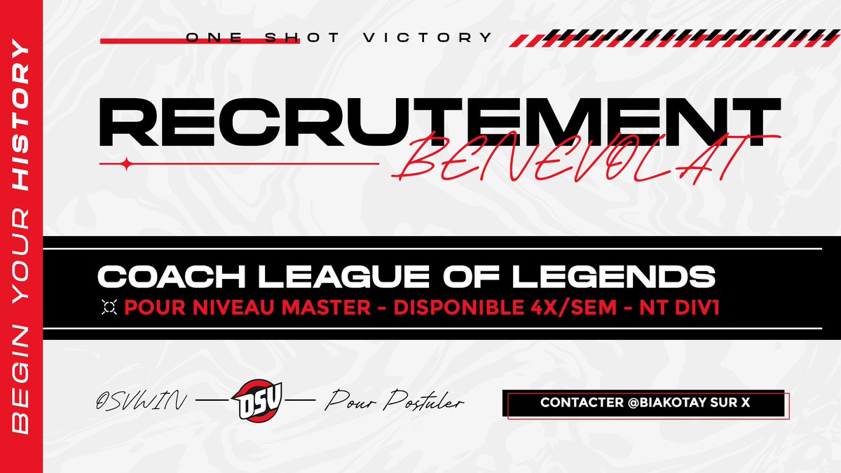 📢Recrutement Coach #LeagueOfLegends ! 🔴

Notre équipe à besoin d'un Coach pouvant les aider sur cette saison Open Tour qui arrive ! 💪

-Équipe niveau Master
-Disponible 4 soirs par semaine

Si vous êtes intéressés, contactez <a href="/Biakotay/">OSV Biakotay 🦝</a> en message privé ! 📩
#OSVWIN