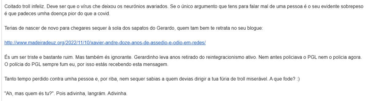CaligaTerra's tweet photo. Ora, se nom é o próprio Gerardinho do Covelo (Madeira de Uz) a mandar-me essas mensagens, a tentar hackear as minhas contas, porque sempre acaba louvando-o e contando-me da vida dele? Será o seu namorado?
E se nom for ele, porque anda sempre a falar dele? https://t.co/ZGjg8ApsSr