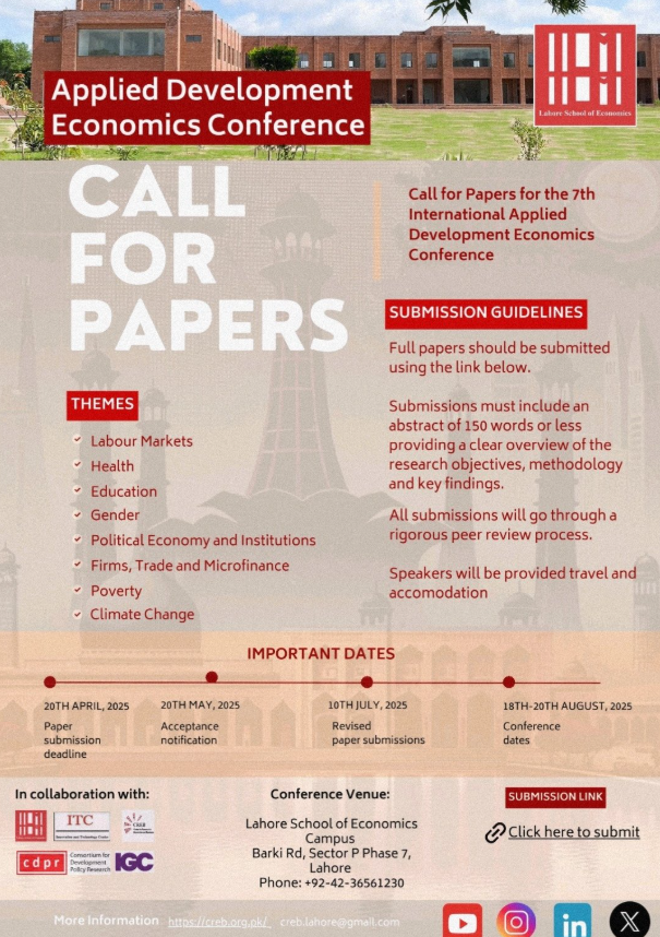 📢 Call for Papers: Submit your abstract (150 words) by 20 April for the Applied Development Economics Conference at Lahore School of Economics (18-20 Aug 2025). Topics: Labour Markets, Health, Gender, Climate Change &amp; more!
theigc.org/call-papers-ap…
#EconTwitter