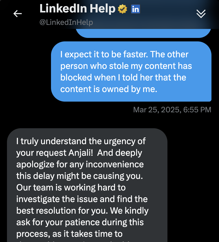 _anjalisoni's tweet photo. It’s been 30 days since I reported a plagiarism issue to @LinkedInHelp, providing all necessary proof, yet no action has been taken.
@LinkedIn, it’s frustrating to see such delays in addressing clear violations. How can we trust the platform to safeguard our content?
#Plagiarism https://t.co/WuXpSYIAQw