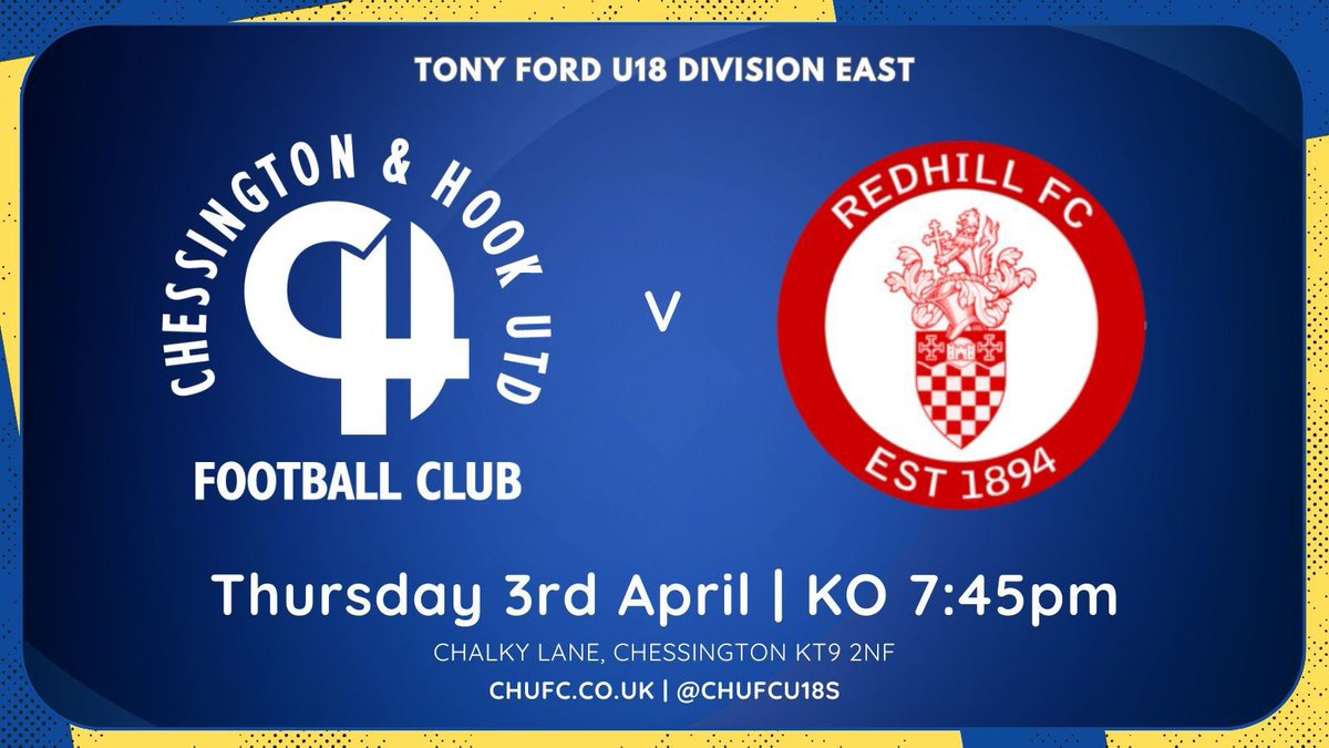 Chessington & Hook Utd FC u18s (@chufcu18s) on Twitter photo 🚨 Match day🚨 Tonight we host <a href="/redhillfc/">Redhill FC</a> U18’s at Chalky Lane.
⚽️ KO 7:45pm
🍻🍔 Bar and tea hut open
Entry is £5 🚨 Match day🚨 Tonight we host <a href="/redhillfc/">Redhill FC</a> U18’s at Chalky Lane.
⚽️ KO 7:45pm
🍻🍔 Bar and tea hut open
Entry is £5