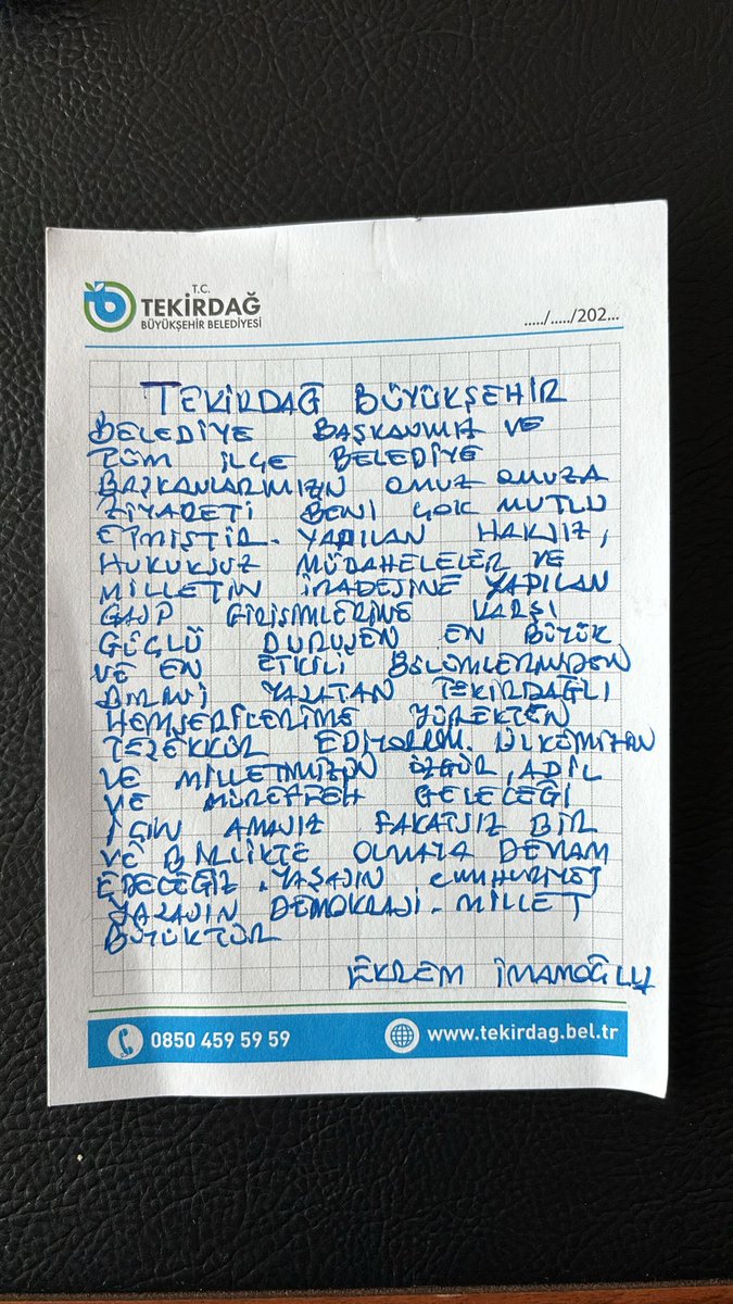 Cumhurbaşkanı adayımız ve İstanbul Büyükşehir Belediye Başkanımız Sayın Ekrem İmamoğlu'nun demokrasi mücadelesini büyüten Tekirdağımıza mesajı: 

“Tekirdağ Büyükşehir Belediye Başkanımız ve tüm İlçe Belediye Başkanlarımızın omuz omuza ziyareti beni çok mutlu etmiştir.

Yapılan