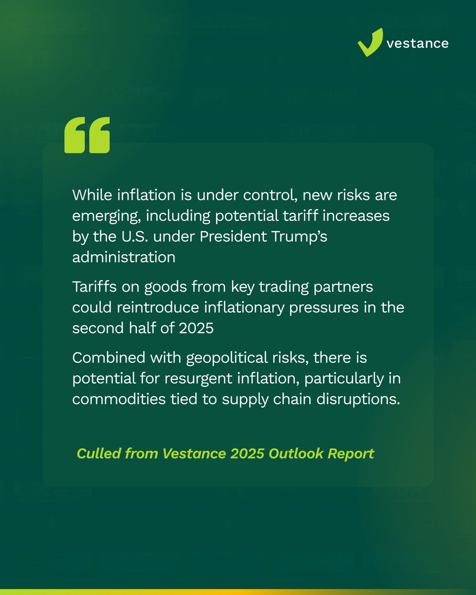 vestanceng's tweet photo. As we predicted in our Outlook report for 2025, tariff increases and geopolitical tensions are making their presence felt, especially with the recent tariff impositions under the current U.S. administration.

What does this mean for you?

Potential inflationary pressures on key commodities.
Supply chain disruptions impacting prices and availability.
An uncertain economic landscape in the second half of 2025.

Stay Ahead of the Curve! Download our full Outlook for an in-depth analysis on how tariffs and geopolitical risks could impact inflation and your business.

https://t.co/5eGEfZ6fqn