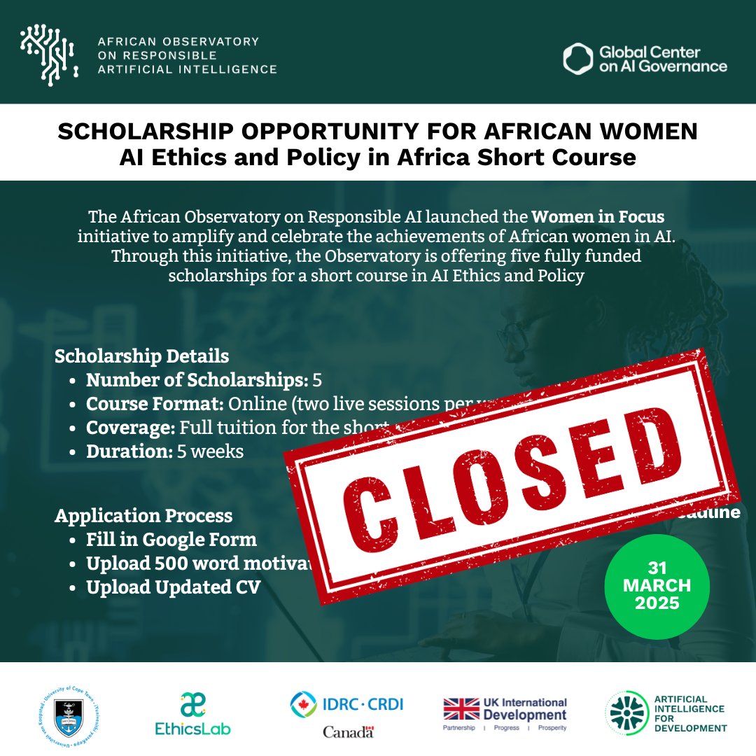 African Observatory on Responsible AI (@ai_observatory) on Twitter photo Over 1,000 African women applied for our AI Ethics & Policy short course! šThank you for your incredible interest.
Selected participants will be contacted by April 14th
Join our mailing list to be the first to know future opportunities.
SUBSCRIBEš globalcenter.us17.list-manage.com/subscribe?u=bd⦠Over 1,000 African women applied for our AI Ethics & Policy short course! šThank you for your incredible interest.
Selected participants will be contacted by April 14th
Join our mailing list to be the first to know future opportunities.
SUBSCRIBEš globalcenter.us17.list-manage.com/subscribe?u=bdā¦