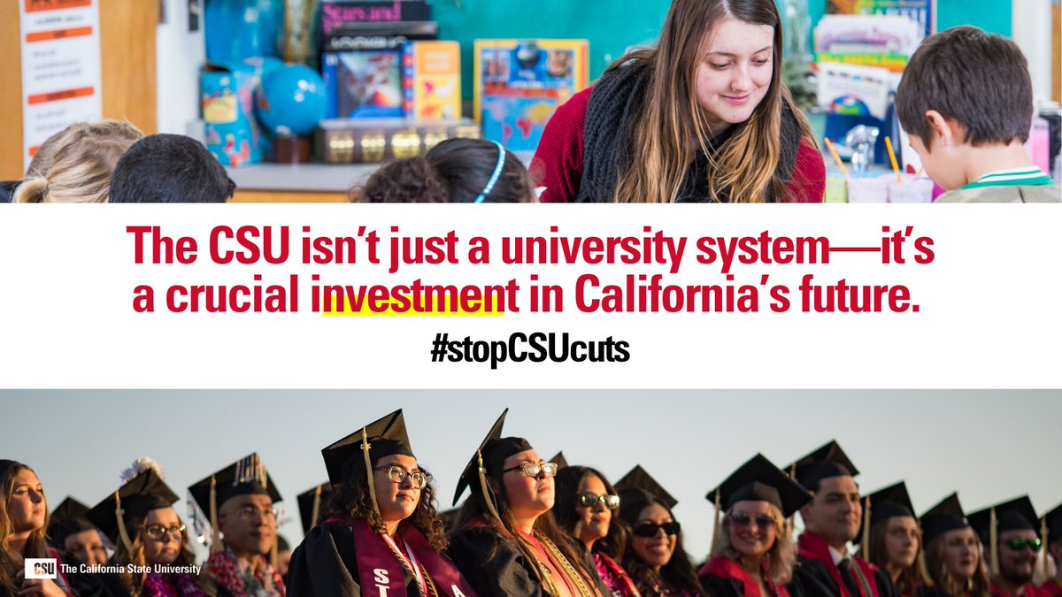 calstate's tweet image. The #CalState system fuels dreams and upward mobility—but proposed state budget cuts put #FirstGen students, students of color, and those relying on support services at risk. Let’s ensure the CSU remains a pathway to opportunity. #stopCSUcuts

Learn more: calstate.edu/csu-system/new…