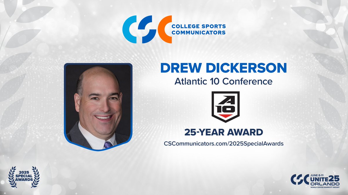 College Sports Communicators (@collsportscomm) on Twitter photo Today, we salute 2025 CSC 25-Year Award recipient and <a href="/atlantic10/">Atlantic 10 Conference</a> Assistant Commissioner, Drew Dickerson (<a href="/Drew_Dickerson/">Drew Dickerson</a>)!
"...I’m proud to be part of such a unique profession with so many colleagues that I’m able to call friends. Many of these people have played a significant Today, we salute 2025 CSC 25-Year Award recipient and <a href="/atlantic10/">Atlantic 10 Conference</a> Assistant Commissioner, Drew Dickerson (<a href="/Drew_Dickerson/">Drew Dickerson</a>)!
"...I’m proud to be part of such a unique profession with so many colleagues that I’m able to call friends. Many of these people have played a significant