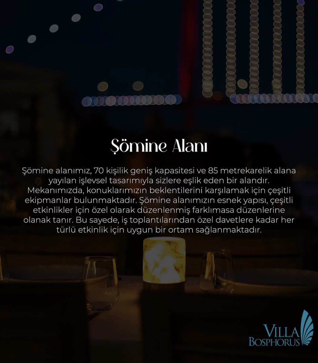 Özel davetler, kurumsal toplantılar ve unutulmaz organizasyonlar için şık bir atmosfer. Villa Bosphorus’ta iş yemeklerinizi Boğaz manzarası ve zarif detaylarla taçlandırın.  VIP servis ayrıcalığı ve kusursuz bir organizasyon deneyimi sizi bekliyor.