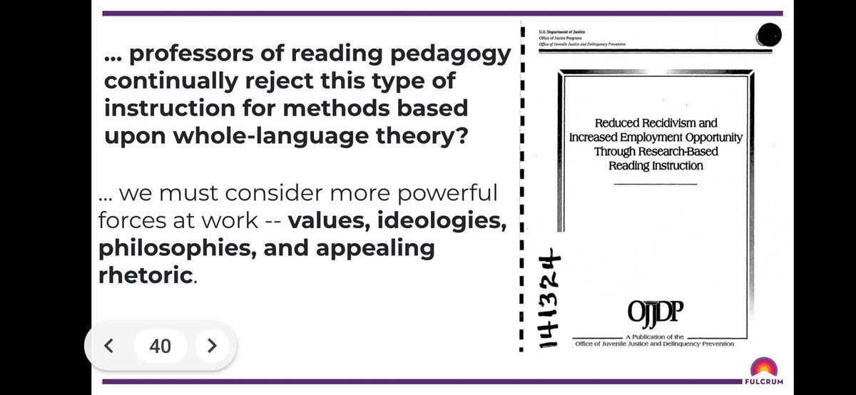From the Department of Justice report on reading and the prison pipeline. 1993

Translation: professors of methods classes reject what works best because they're on some *%$%  $@£ (expletive of your choice).