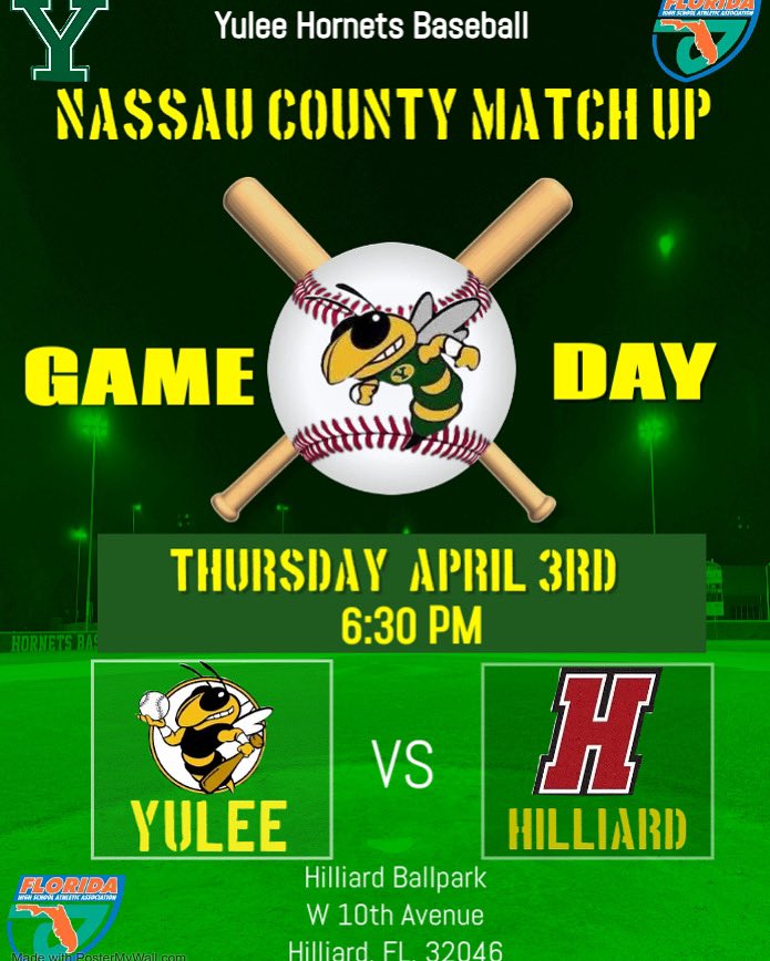 ‼️🐝⚾️ GAME DAY!!! ‼️🐝⚾️ Hornets hit the road and take on Hilliard for a Nassau County match up! First pitch is scheduled for 6:30pm! #YuleeBaseball #HornetsBaseball25 #StingEm