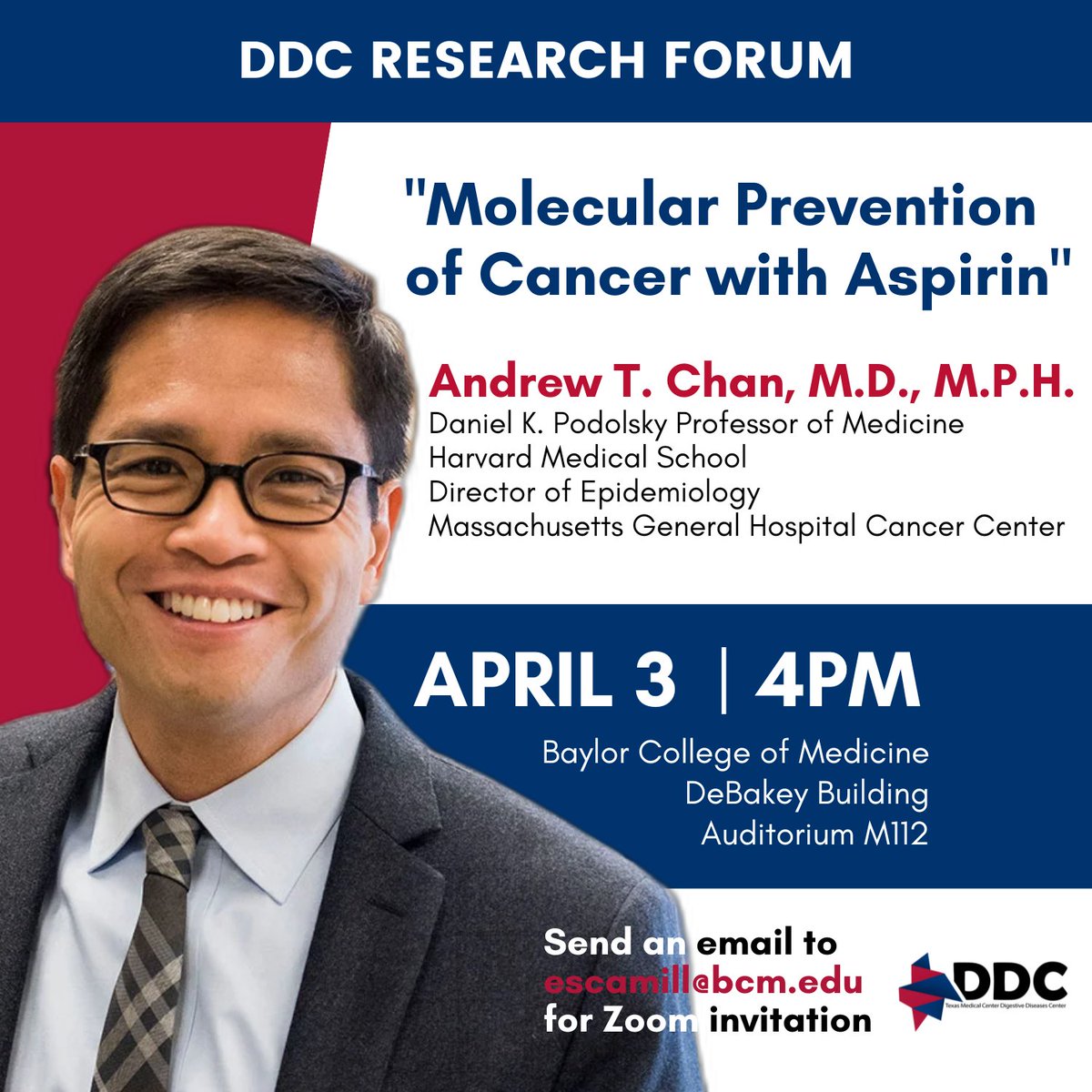 TODAY @ 4:00PM CST ‼️

We are honored to host Dr. <a href="/AndyChanMD/">Andy Chan</a> from <a href="/harvardmed/">Harvard Medical School</a> for this week's #TMC #DDC seminar!

He will discuss the correlation between aspirin and lower #colorectalcancer risk, leading to the imperative for precision medicine.

Don't miss this one!