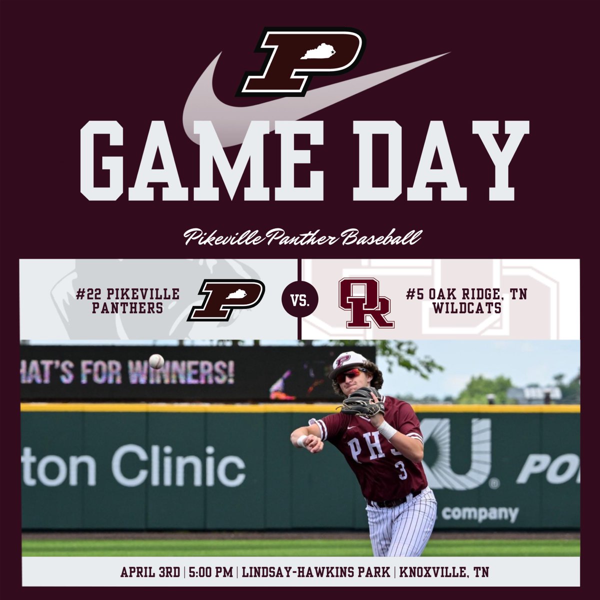 𝓡𝓸𝓬𝓴𝔂 𝓣𝓸𝓹 𝓣𝓲𝓵𝓽 ⛰️

The #22 Panthers are back in action as they take on the #5 team in Tennessee’s Class 4A at West HS in Knoxville. 

🆚 #5 Oak Ridge, TN ⚛️
🏟 Lindsay-Hawkins Park
📍Knoxville, TN
⏰ 5:00 PM
🎟️ ETBCA Tournament

#HailPikeville ⚾️🐾