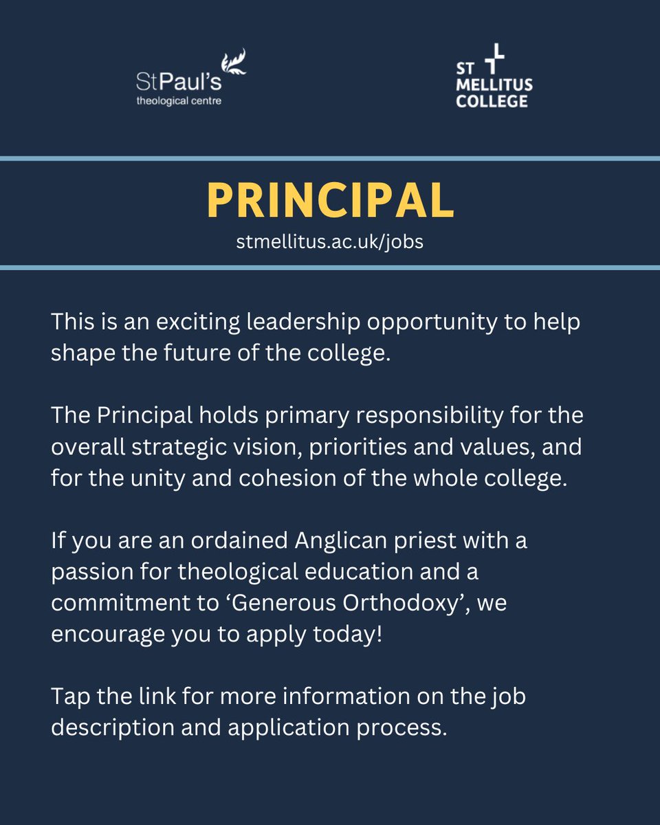 St Mellitus College (@stmellitus) on Twitter photo Exciting Opportunity! We are recruiting for the next Principal of St Mellitus College. This is an exciting leadership opportunity to help shape the future of the college. 
Tap the link for more information on the job description and application process: stmellitus.ac.uk/jobs Exciting Opportunity! We are recruiting for the next Principal of St Mellitus College. This is an exciting leadership opportunity to help shape the future of the college. 
Tap the link for more information on the job description and application process: stmellitus.ac.uk/jobs