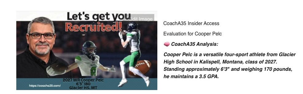 Coach Anzevino (@coacha35) on Twitter photo 🚨Spring Watch-List!
2027 WR Cooper Pelc 6'3" 180
<a href="/CooperPelc08/">Cooper Pelc</a>
Glacier HS, MT
4-SPORT PHENOM!
Complete write up GET Insider Access CLICK: loom.ly/j5jIdDA
(REVIEW all the GR Star Rated & Springs Best Recruits!)
📈 <a href="/Get__Recruited/">Get Recruited</a> <a href="/247Sports/">247Sports</a> <a href="/MaxPreps/">MaxPreps</a> <a href="/CoachA35/">Coach Anzevino</a> <a href="/Rivals/">Rivals</a> 🚨Spring Watch-List!
2027 WR Cooper Pelc 6'3" 180
<a href="/CooperPelc08/">Cooper Pelc</a>
Glacier HS, MT
4-SPORT PHENOM!
Complete write up GET Insider Access CLICK: loom.ly/j5jIdDA
(REVIEW all the GR Star Rated & Springs Best Recruits!)
📈 <a href="/Get__Recruited/">Get Recruited</a> <a href="/247Sports/">247Sports</a> <a href="/MaxPreps/">MaxPreps</a> <a href="/CoachA35/">Coach Anzevino</a> <a href="/Rivals/">Rivals</a>