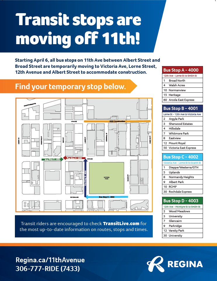 Starting Sunday, April 6, Regina Transit stops are once again moving off 11th Avenue as part of the 2025 construction for the 11th Ave Revitalization Project. 🚍

Find details about temporary stop locations at Regina.ca/11thAvenue