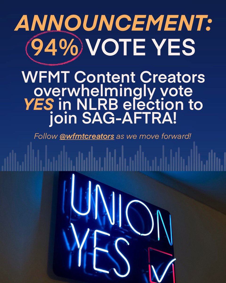 ‼️ WFMT content creators win NLRB election with a supermajority to join <a href="/sagaftra/">SAG-AFTRA</a> ‼️ WE DID IT!!! 🌟📻🎙️

#union #classicalmusic #radio #broadcasting <a href="/WBEZUnion/">We Make WBEZ + Vocalo</a> <a href="/CrainsChicago/">Crain's Chicago Business</a> <a href="/chicagolabor/">Chicago Federation of Labor</a> <a href="/chicagotribune/">Chicago Tribune</a>