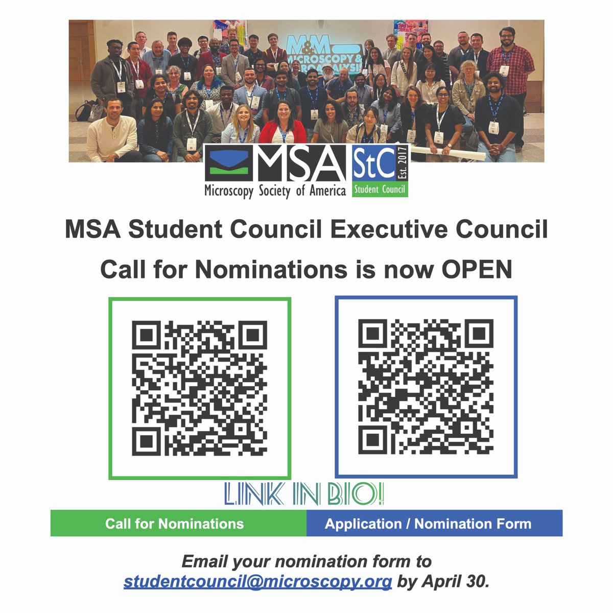 MSA Student Council Executive Council Call for Nominations is OPEN!
Nominate yourself and apply today!

Application form: microscopy.org/files/gallerie…

Description of executive positions: microscopy.org/stc-officer-re…

Links also in bio!

#msastc #microscopy #studentleadership #stem #share