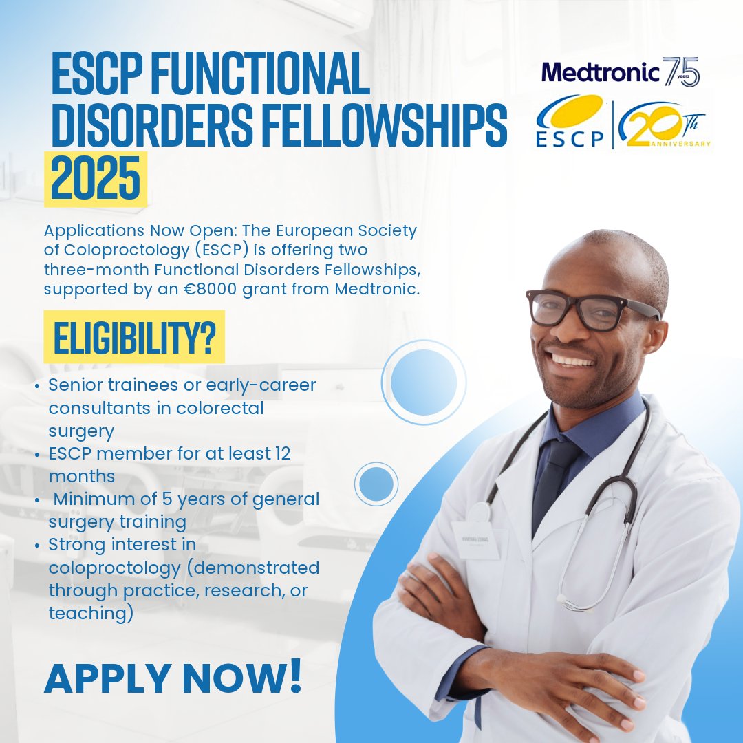 🚨 Surgeons in coloproctology—this one’s for you!

The ESCP Functional Disorders Fellowships 2025 are now OPEN! 🚀

🔹 2 x three-month fellowships
🔹 €8000 grant from Medtronic
🔹 Train in a top European center 🌍
If you're a senior trainee or early-career consultant, don’t miss