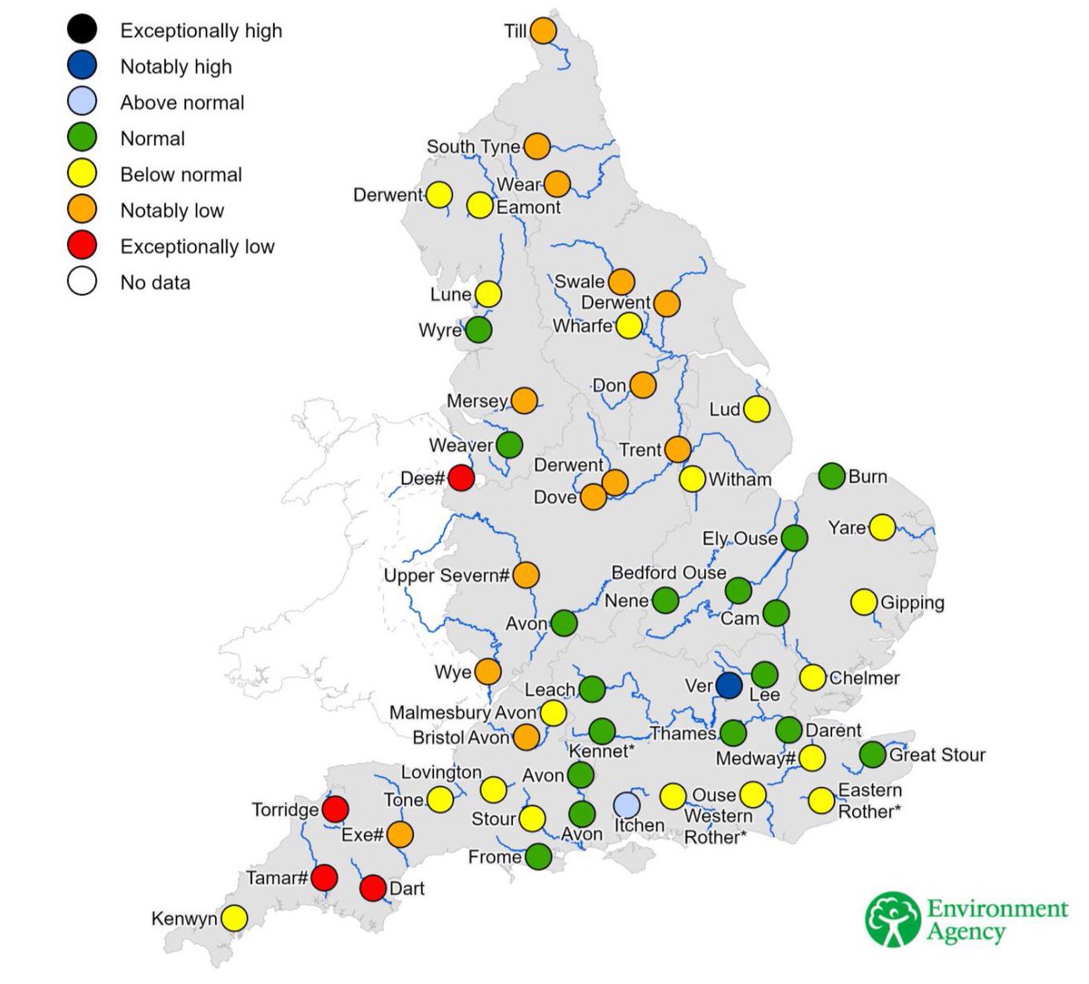 Last 11 weeks of rainfall for England.

With a couple of exceptions, very dry.

River flows now widely starting to show impact.