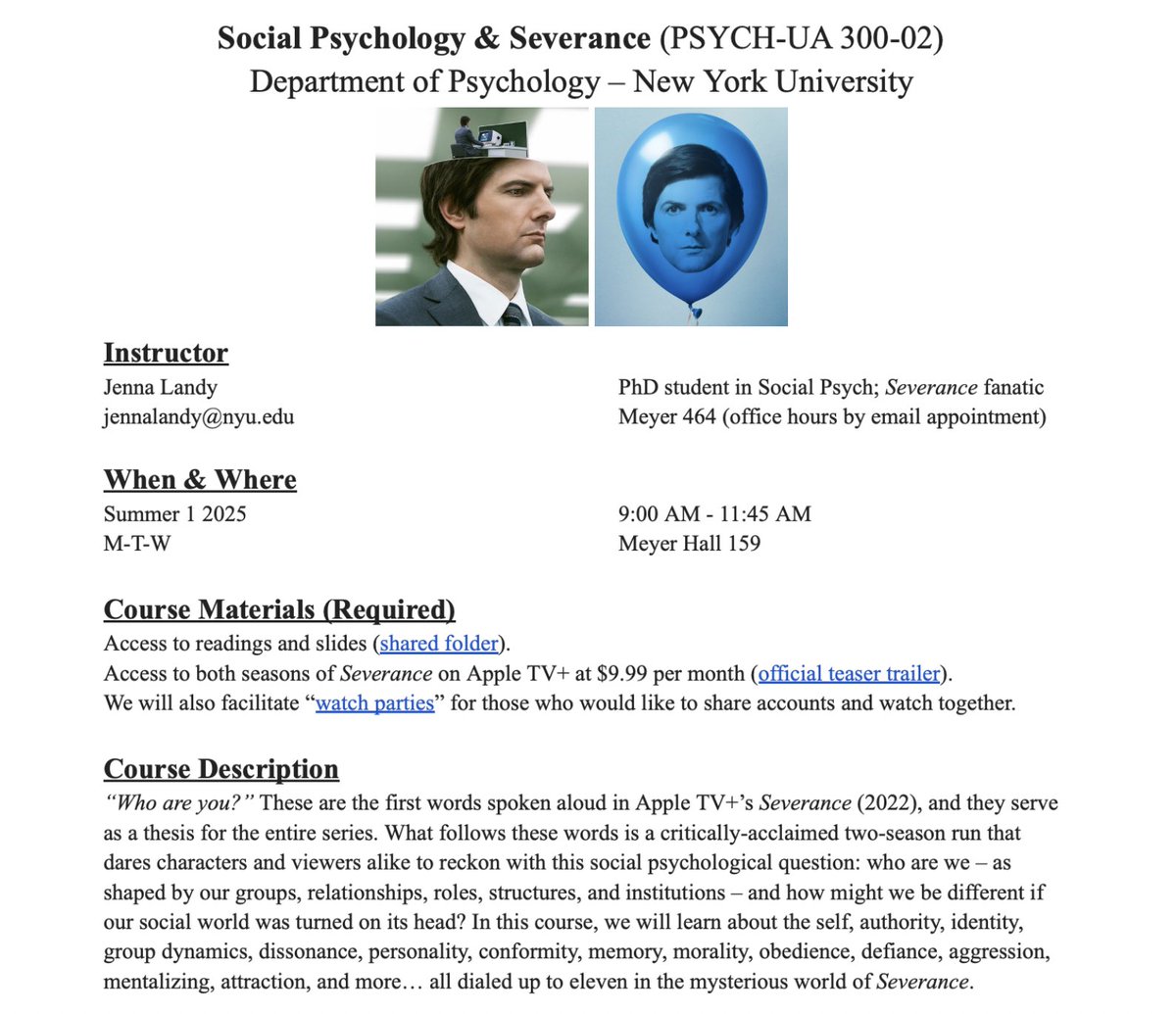 JennaLandy's tweet photo. Just got officially approved to teach a course on Social Psychology &amp; Severance at NYU this summer!! 🧵

@appletv
@danerixon
@benstiller
@mradamscott
@brittlower
@tramelltillman
@dichenlachman https://t.co/qZ877jcGvr